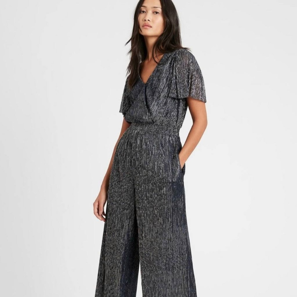 NWOT Banana Republic Cropped Blue Metallic Wide Leg Jumpsuit Size XL